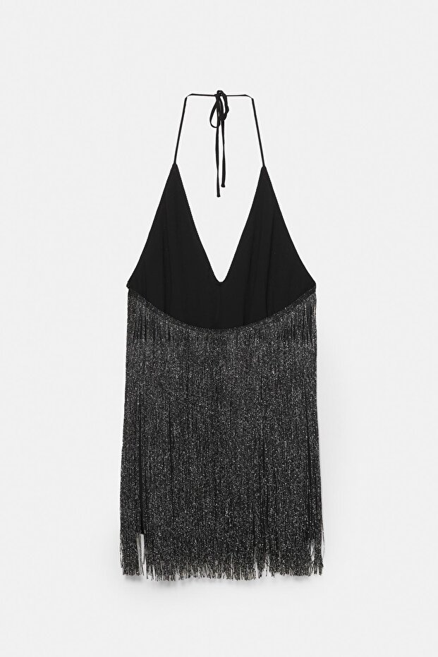 Halter yaka püsküllü kısa elbise - 8