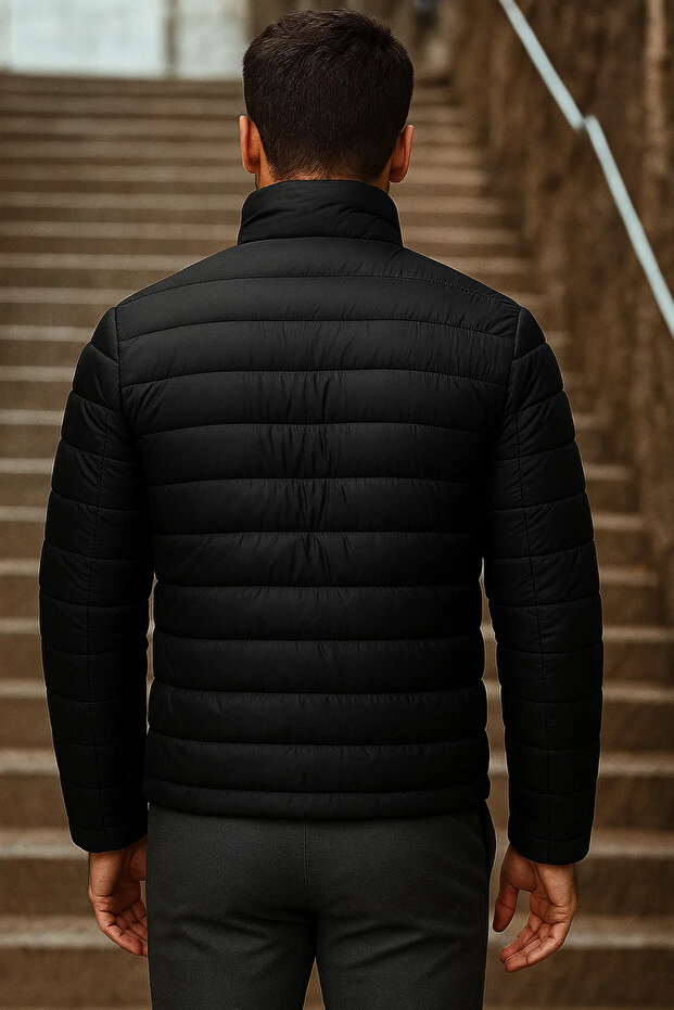 Erkek Kışlık Basic Dik Yaka Fermuarlı Siyah Şişme Mont - 6
