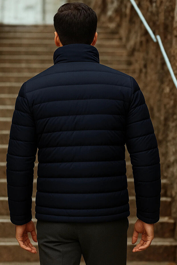 Men's Winter Basic Mock Neck Zippered Dark Blue Puffer Jacket - 5