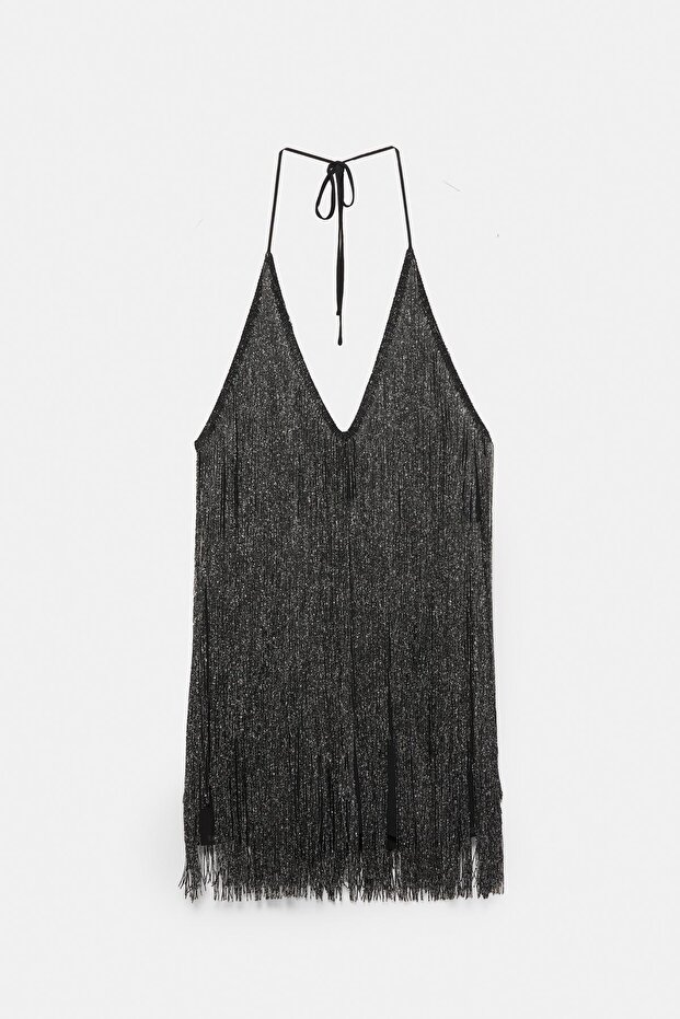 Halter yaka püsküllü kısa elbise - 6