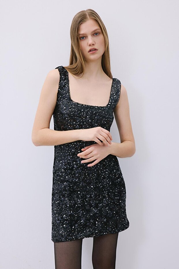 Askılı Payet Mini Siyah Elbise - 4