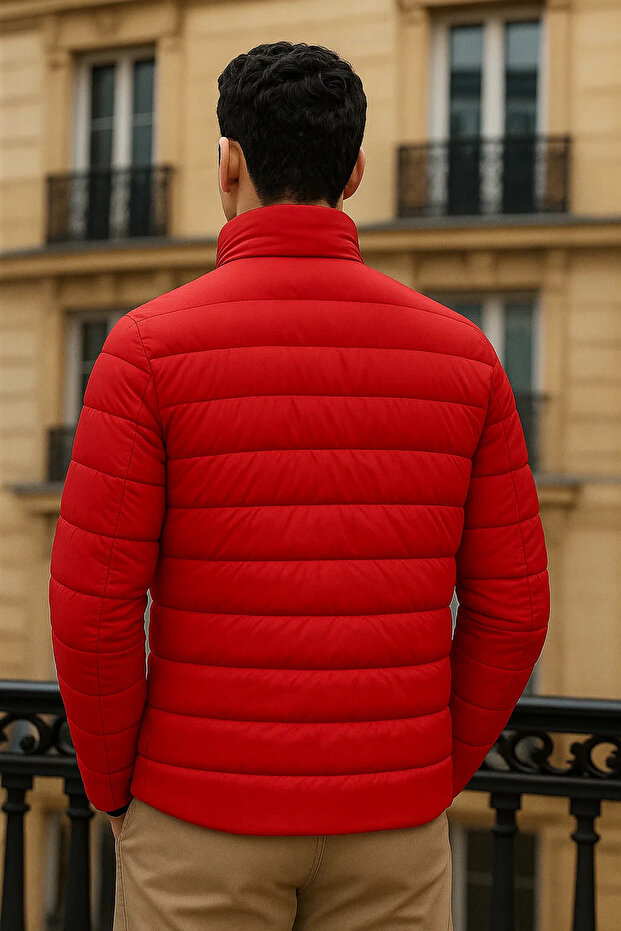 Erkek Trend Basic Dik Yaka Kışlık Kırmızı Şişme Mont - 5