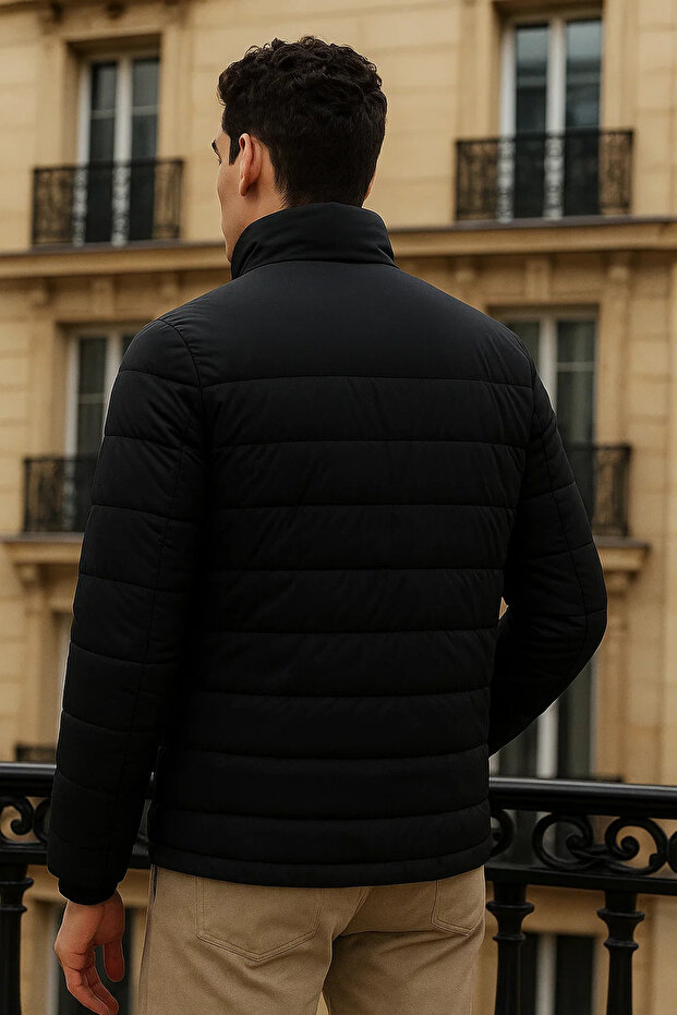 Erkek Trend Basic Dik Yaka Kışlık Siyah Şişme Mont - 6