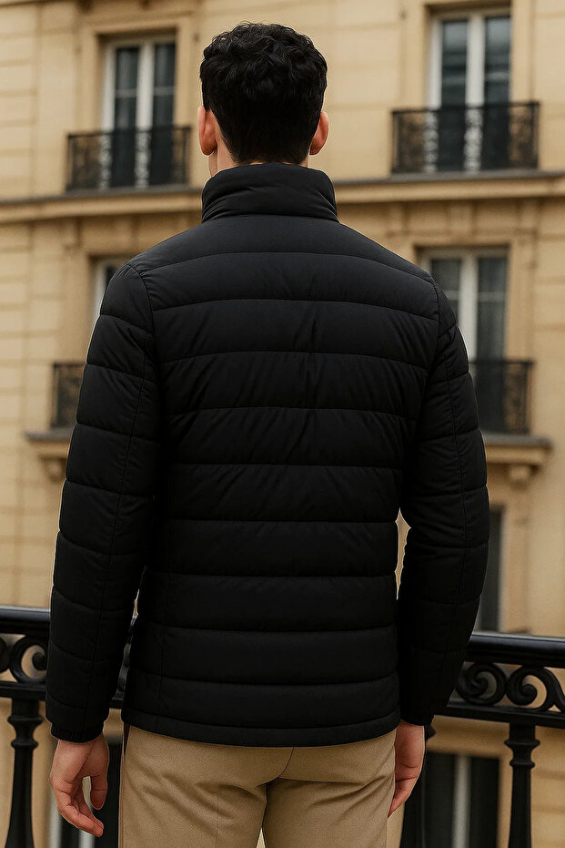 Erkek Trend Basic Dik Yaka Kışlık Siyah Şişme Mont - 5
