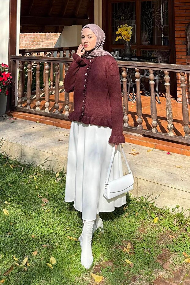 Ruffle Detailed Cardigan Burgundy
