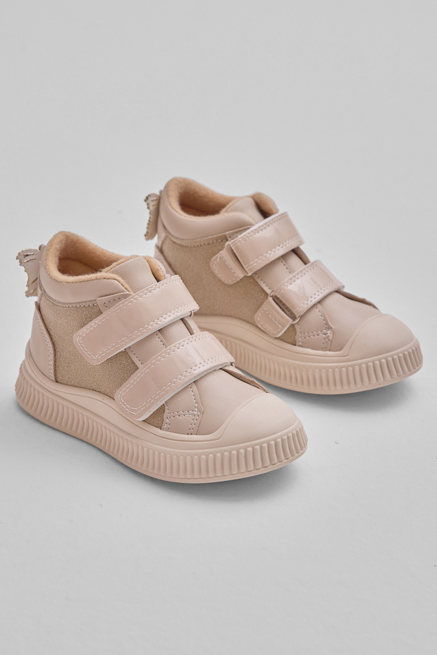 Children's Unisex Beige Flexible Thermo Sole Double Velcro Strip Patterned Sports Short Boots