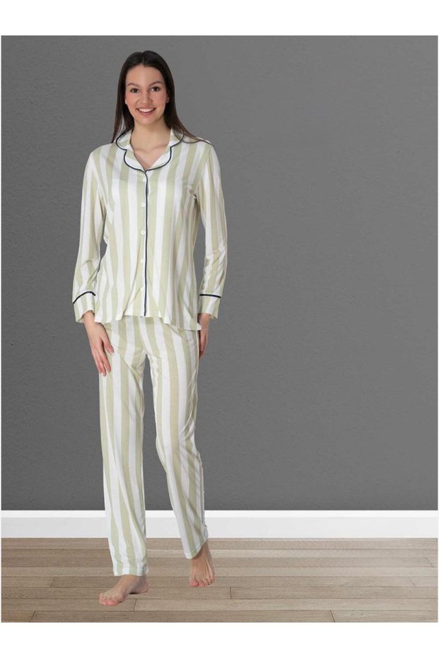 Women's Green Striped Special Design Stylish Long Sleeve Buttoned Front Maternity Pajama Set Effortt