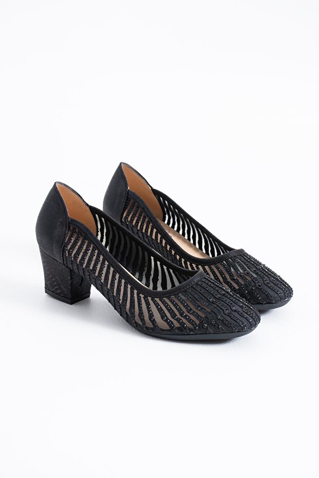 Kurseve Leaf Glitter Mesh Women's Heeled Shoes Black Glitter