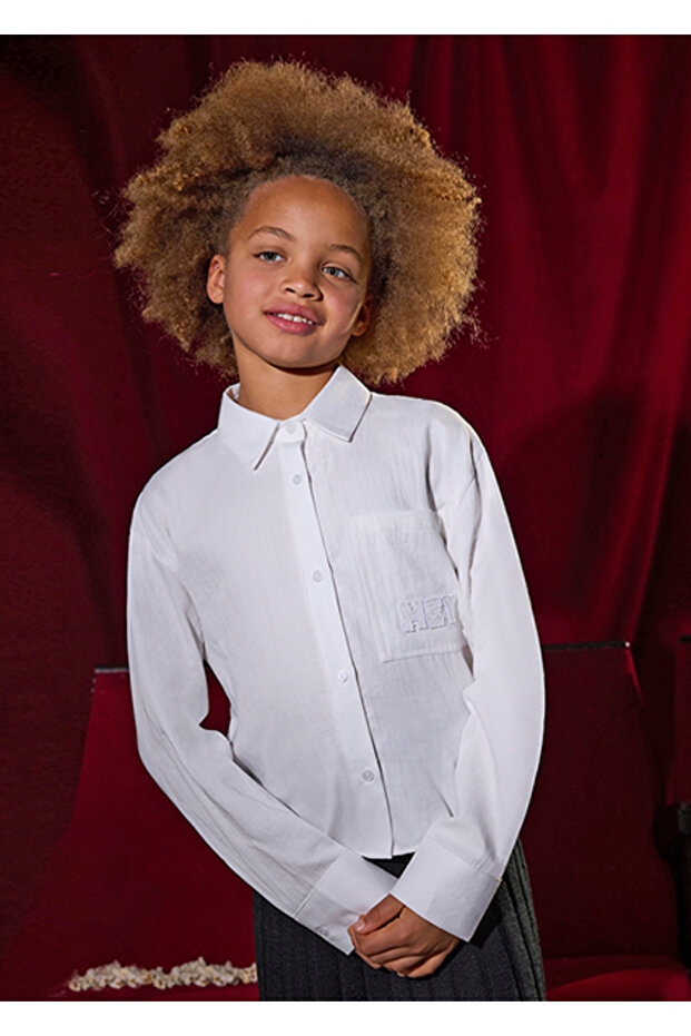 Girl's Regular Fit Embroidered Pocket Detailed Shirt - Cream