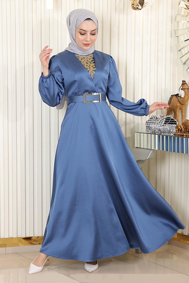 Stone Detailed Satin Evening Dress Blue Msw19901-3