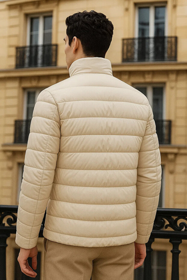 Erkek Trend Basic Dik Yaka Kışlık Krem Şişme Mont - 6