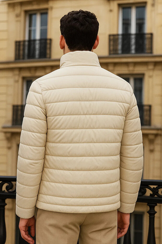 Erkek Trend Basic Dik Yaka Kışlık Krem Şişme Mont - 5