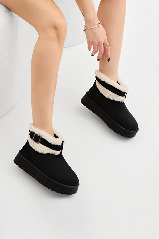 Women's Black Thick Poly Sole Fur Detailed Suede Look Casual Boots