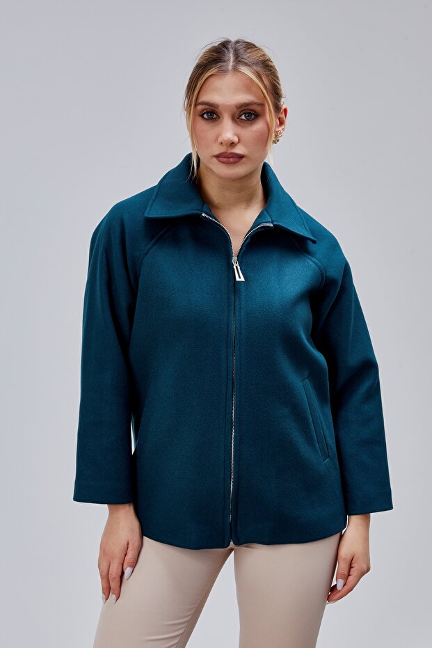 Petrol Blue Oversized Zippered Cashmere Jacket