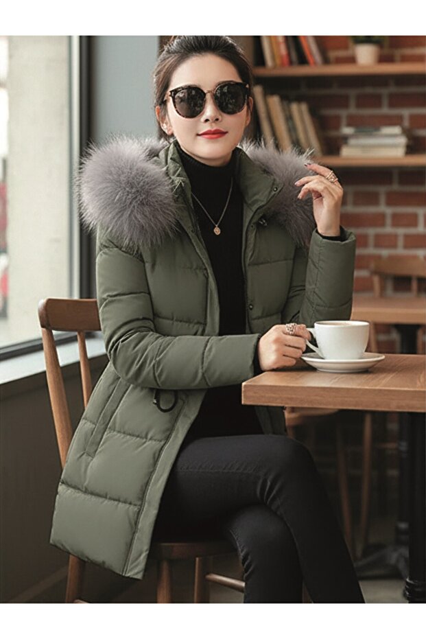 Orta Boy Kapüşonlu Kürklü Şişme Mont - 3