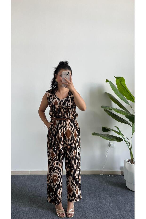 Brode Patterned Wrinkled Jumpsuit - Brown - 1