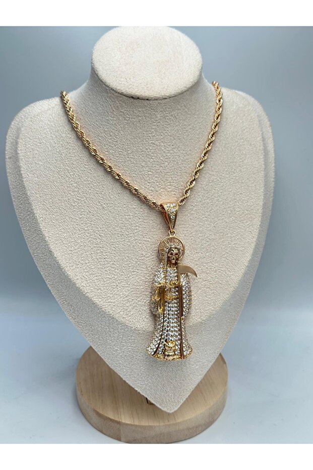 Zircon Stone Detail Grim Reaper Necklace (Steel)