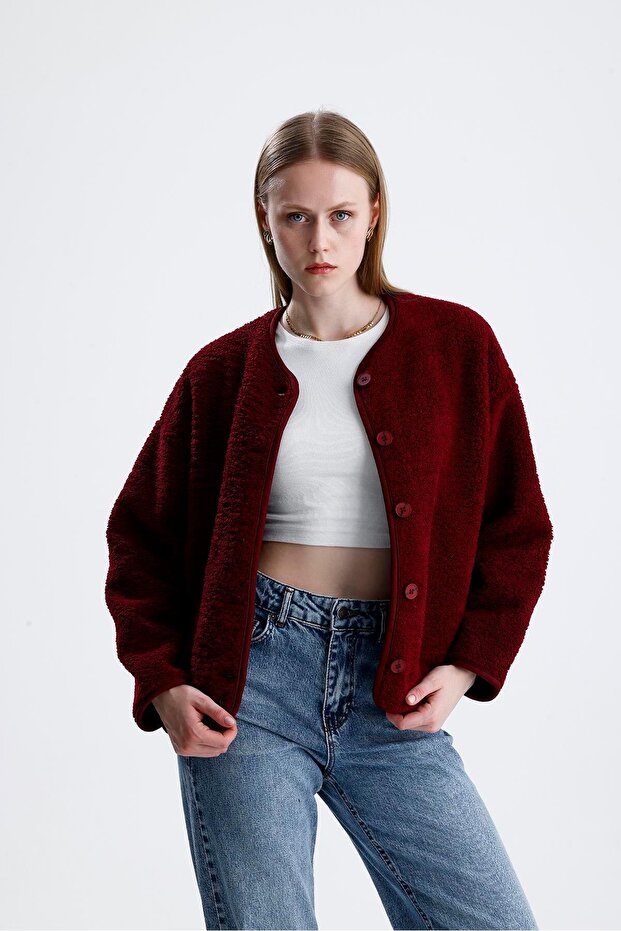 سترة فروي مبطنة بالصوف مع أزرار - بورجوندي - 3
