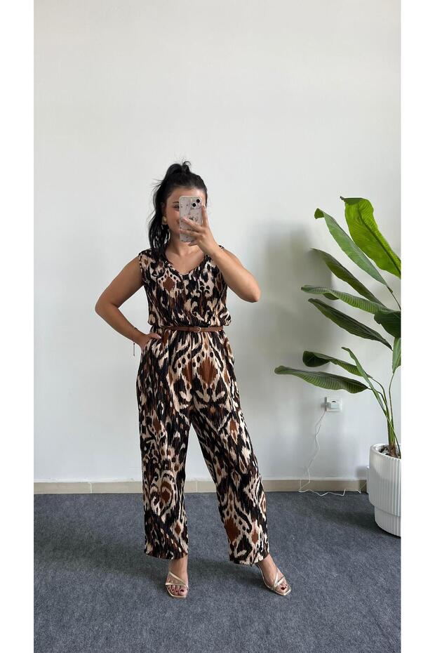 Brode Patterned Wrinkled Jumpsuit - Brown - 4