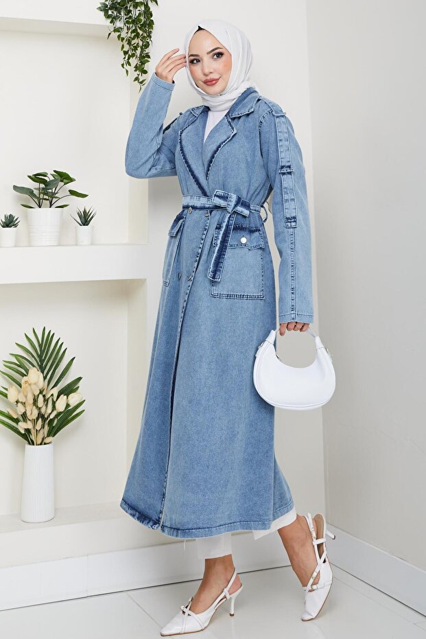 Women's Pocketed Belted Denim Blue Trench Coat