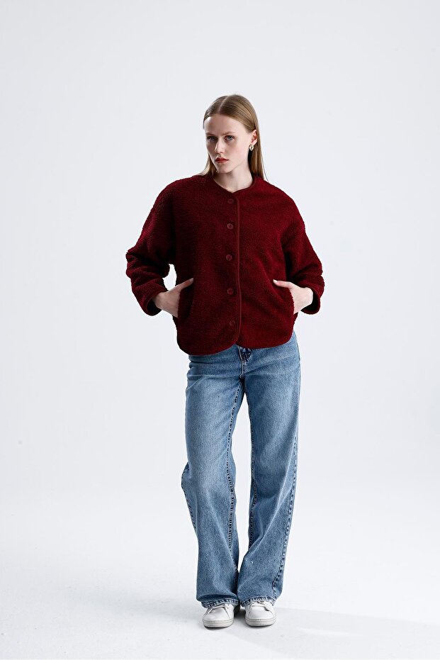 سترة فروي مبطنة بالصوف مع أزرار - بورجوندي - 2