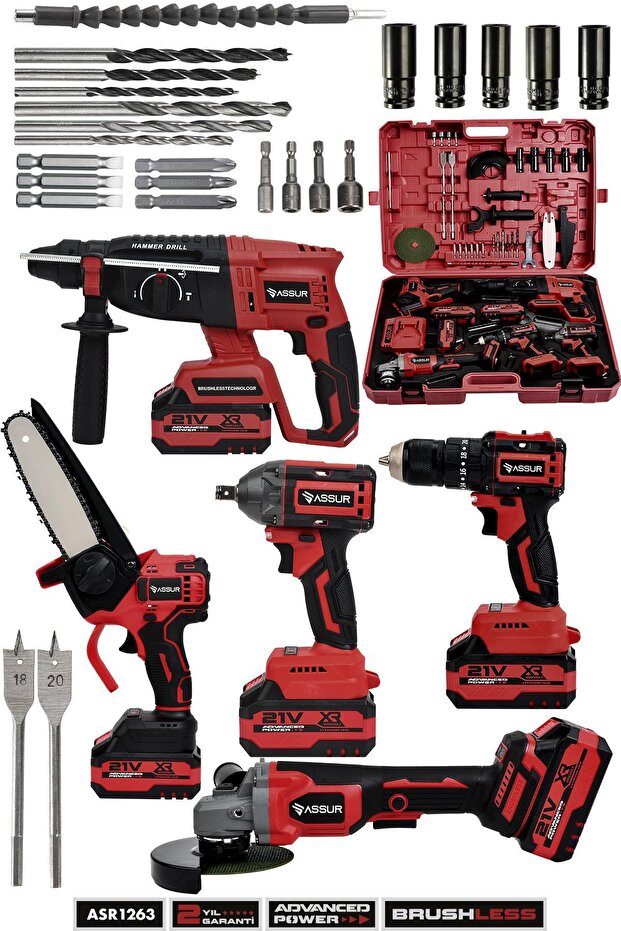 ASSUR 21V 5'li Set Kırıcı Delici Hilti - Somun Sıkma Sökme - Testere - Taşlama - Akülü Vidalama