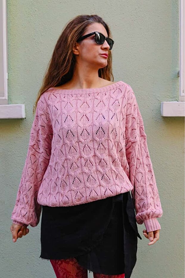 Kadın Pembe Triko Örme Basic Mevsimlik Kazak - 2