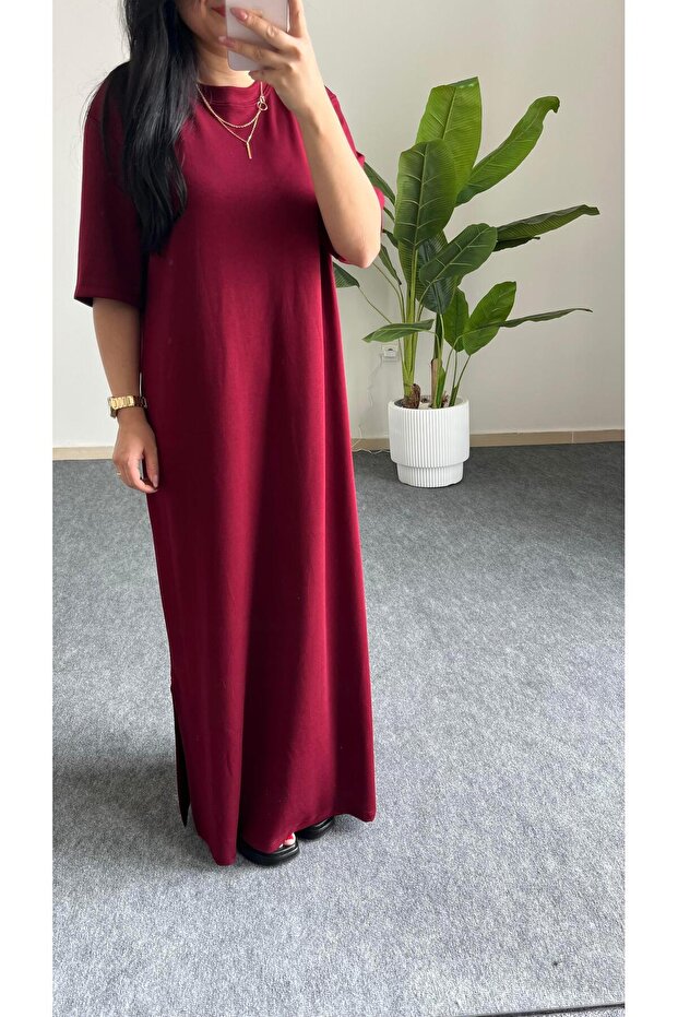 Mayda Yarım Kol Modal Basic Elbise - Bordo - 5