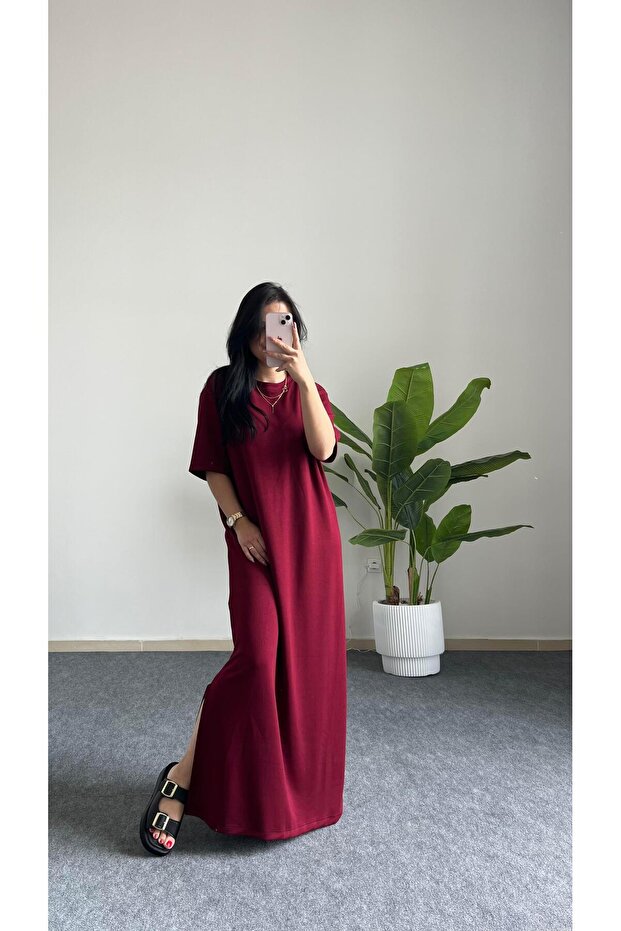 Mayda Yarım Kol Modal Basic Elbise - Bordo - 1
