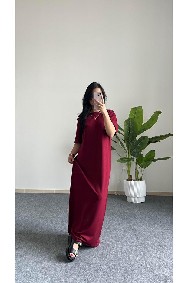 Mayda Yarım Kol Modal Basic Elbise - Bordo - 3