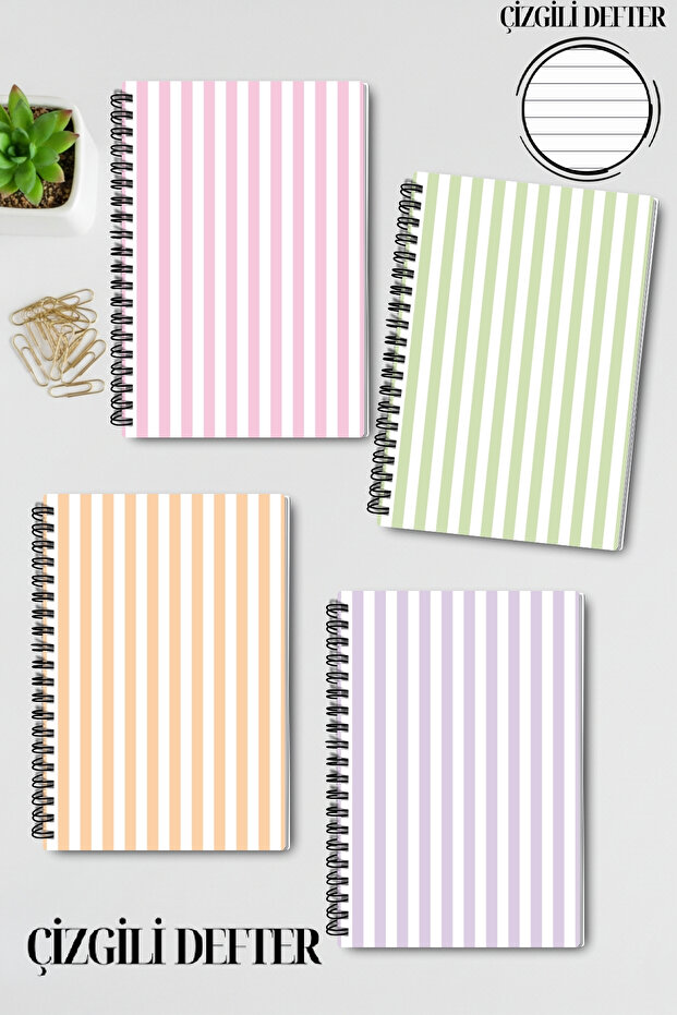 Pastel Colors Themed Design Wire Spiral A5 Lined 4-Piece Souvenir, Memory, School Notebook Set