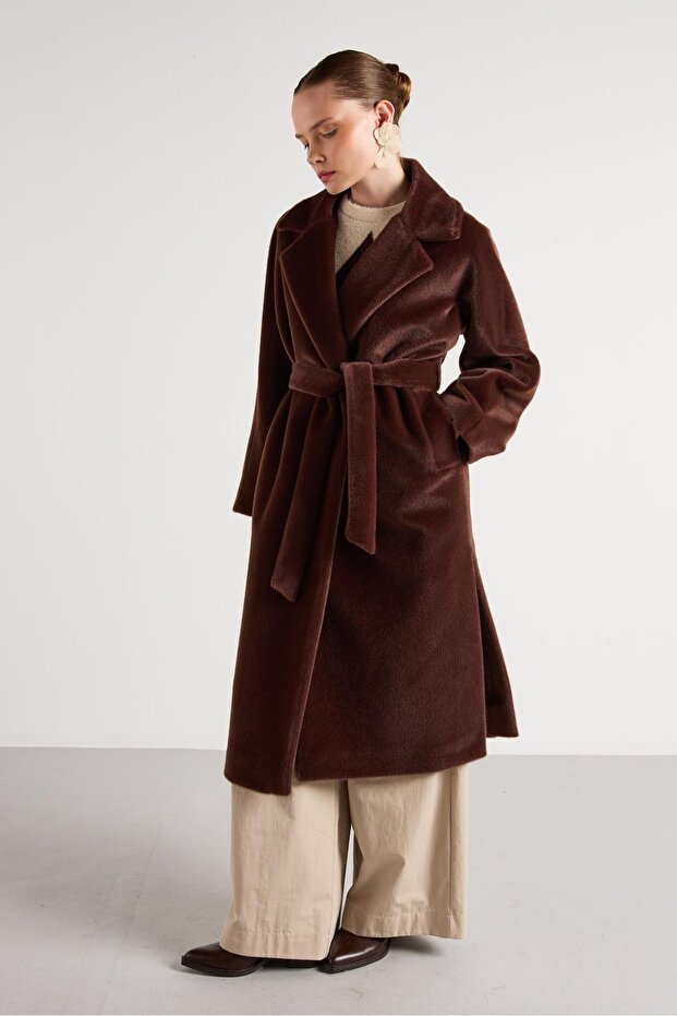 Women's Brown Long Plush Lined Belted Design Coat 30043