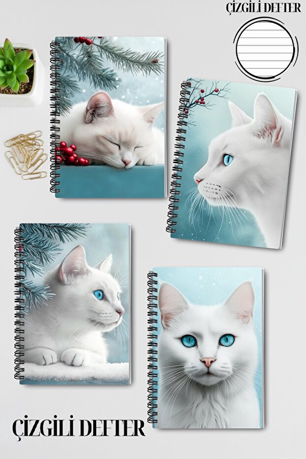 White Cat Winter Themed Design Wire Spiral A5 Lined 4-Piece Souvenir, Memory, School Notebook Set