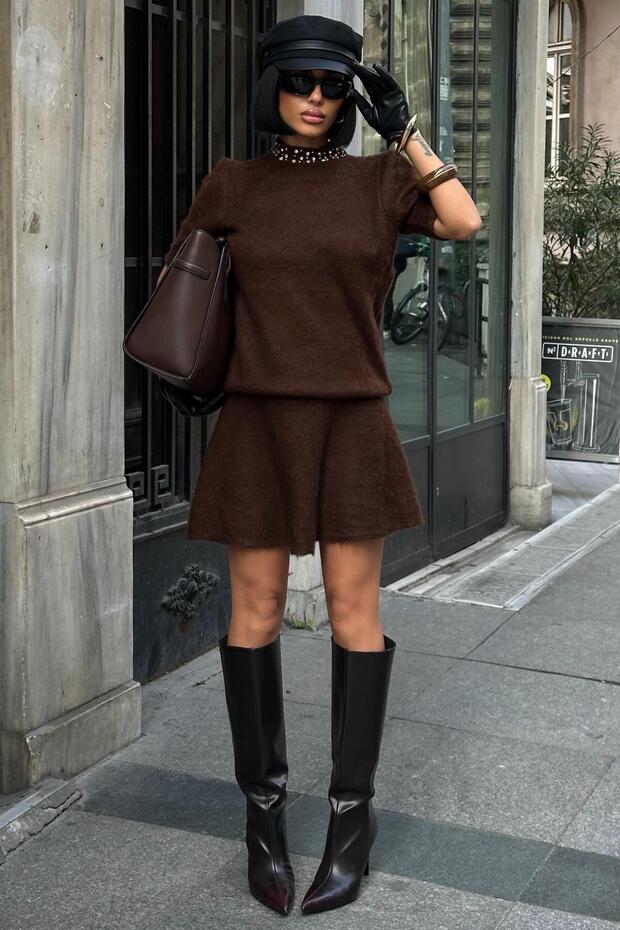 Brown Collar with Stones Fleece-Lined Mini Skirt Set 10002 R4-G-K4