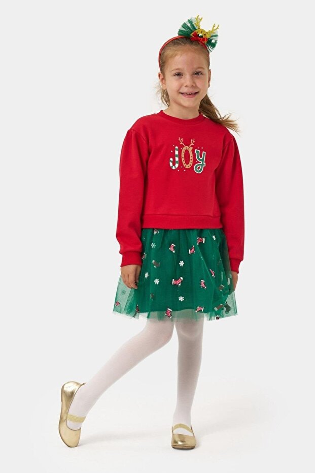 Mojo girl child 2-5 years christmas patterned crowned tulle dress red