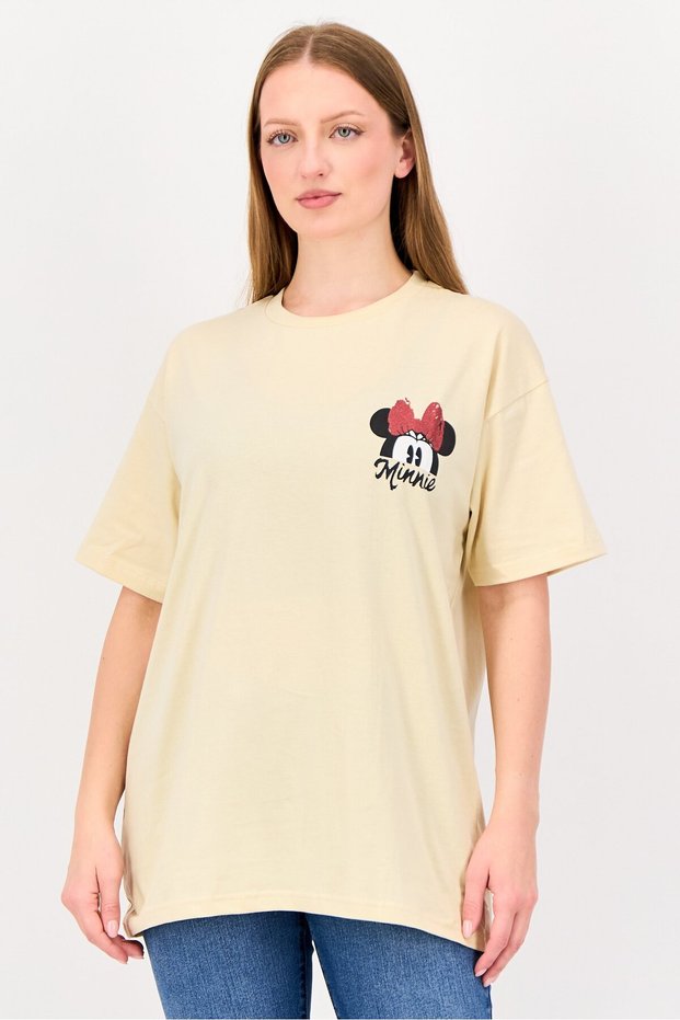 Minnie Mouse Women Crew Neck Short Sleeve Graphic Print T-Shirt, Beige