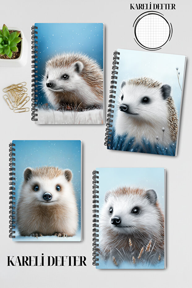 Hedgehog Winter Themed Design Wire Spiral A5 Squared 4-Piece Souvenir, Memory, School Notebook Set