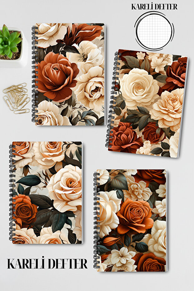 Beige Roses No:2 Design Wire Spiral A5 Squared 4-Piece Souvenir, Memory, School Notebook Set