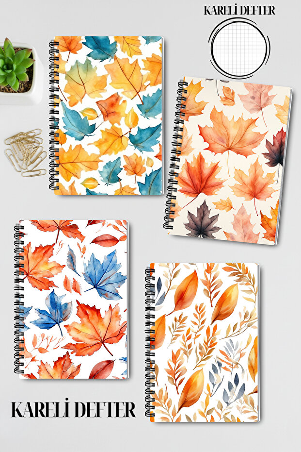 Autumn Leaves No:1 Design Wire Spiral A5 Squared 4-Piece Souvenir, Memory, School Notebook Set
