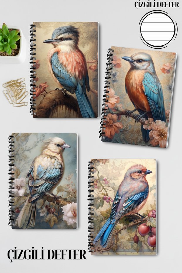 Vintage Bird Themed No:2 Design Wirebound A5 Lined 4-Piece Souvenir, Memory, School Notebook Set