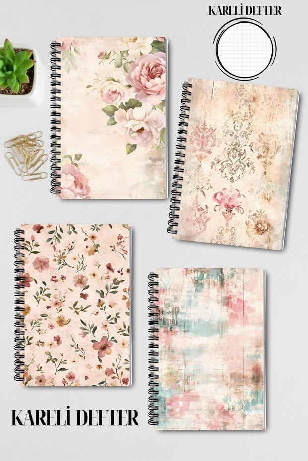 Soft Colored Retro Themed Design Wire Spiral A5 Checkered 4-Piece Souvenir, Memory, School Notebook Set