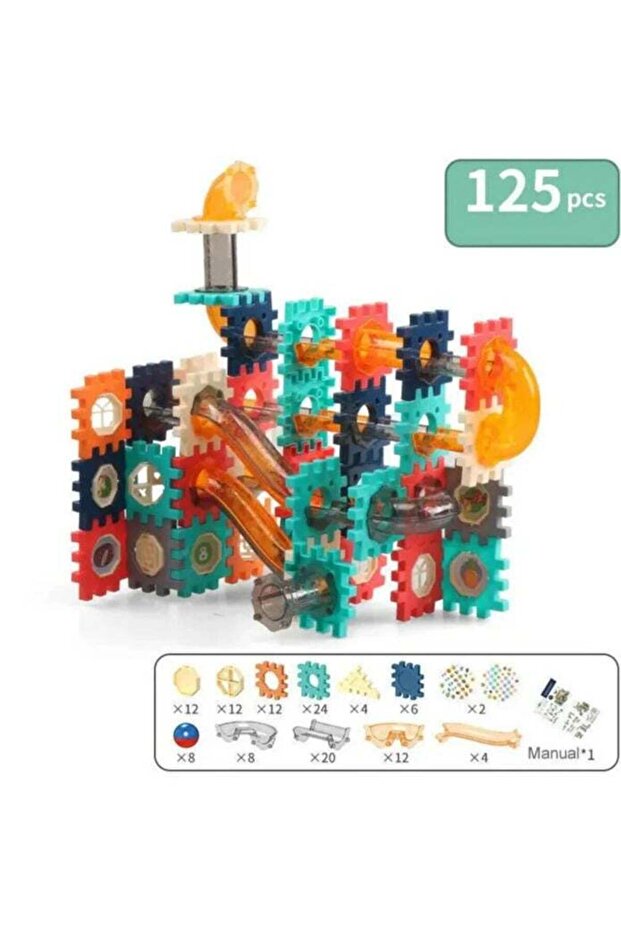 Creative Building Block & Marble Run Set with Gears, Tubes & Slides - 125 Pieces