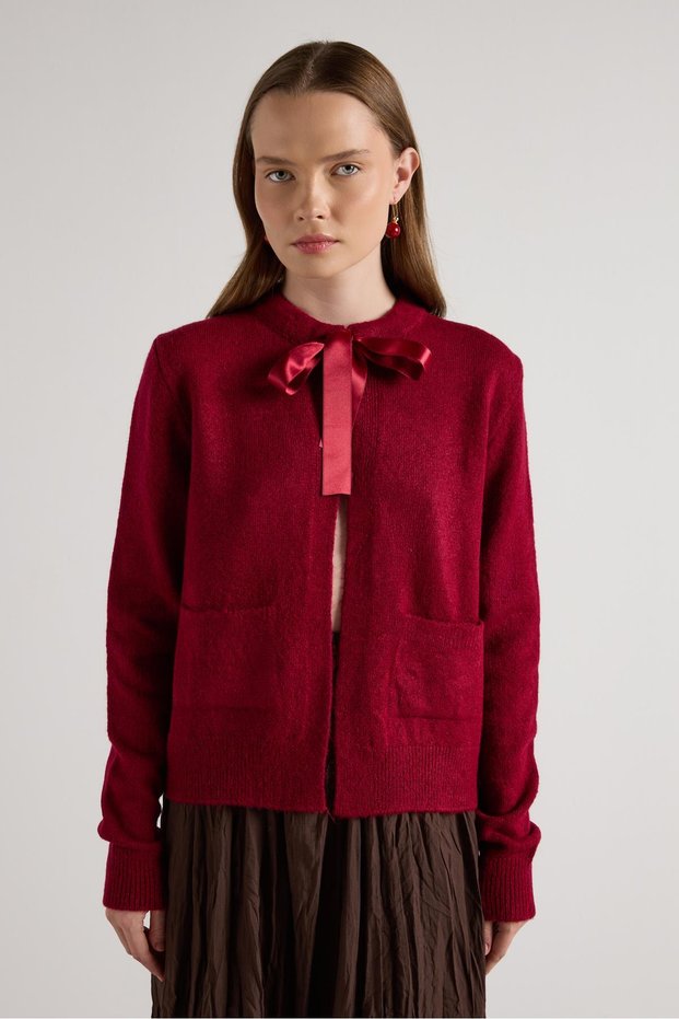 Women's Burgundy Ribbon Detailed Short Design Cardigan 30034