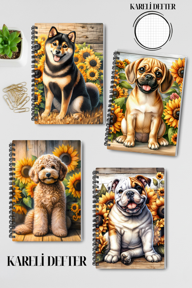 Cute Breed Dogs Design Wirebound A5 Squared 4-Piece Souvenir, Memory, School Notebook Set