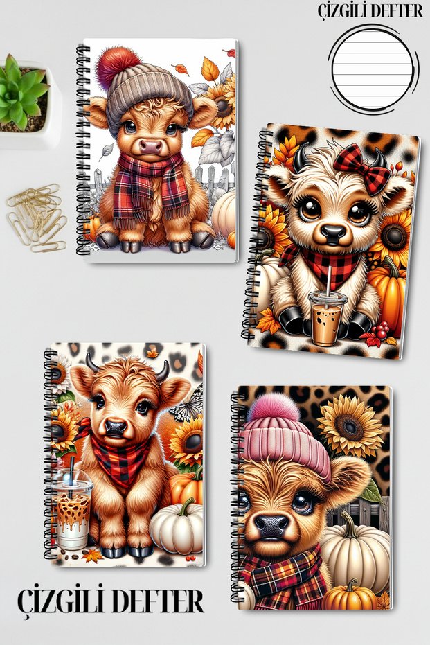 Autumn Themed Cute Cow Design Wirebound A5 Lined 4-Piece Souvenir, Memory, School Notebook Set