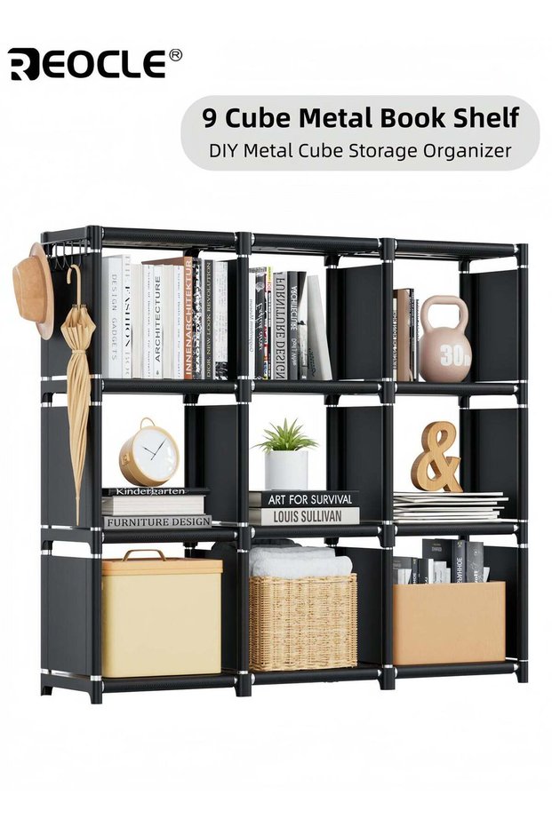 9-Cube Storage Shelfs with Metal Frame and Modular Design Wide Bookcase Organizers with Cubic Stora