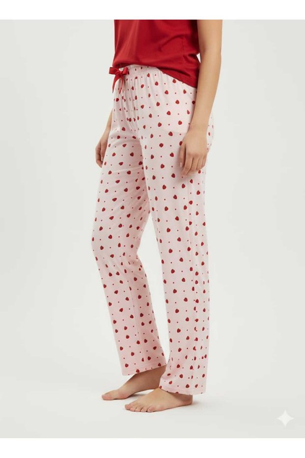 Women's High Quality Ring Viscose Strawberry Patterned Pink Comfortable Soft Stretchy Pajama Bottoms