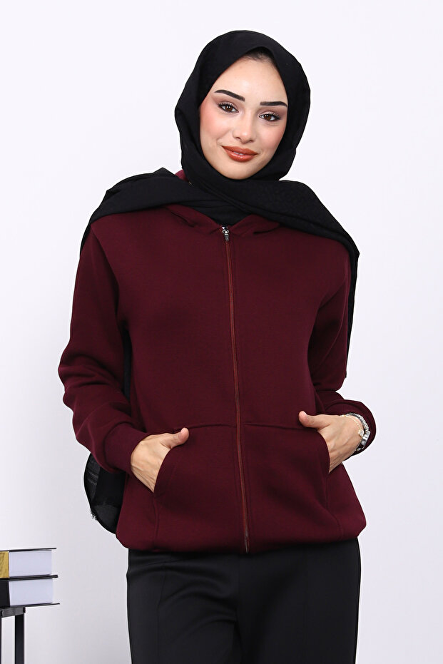 Plum Kangaroo Pocket Fleece-Lined Three Thread Cardigan