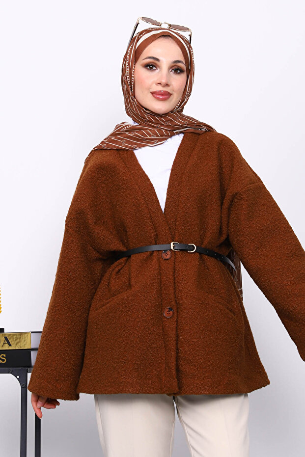 Oversized Boucle Jacket with Brown Belt