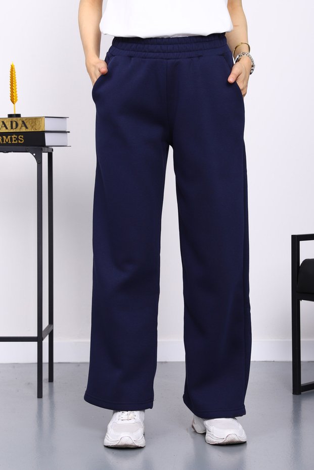 Navy Blue Elastic Waist Fleece-Lined Fleece-Lined Three Thread Trousers